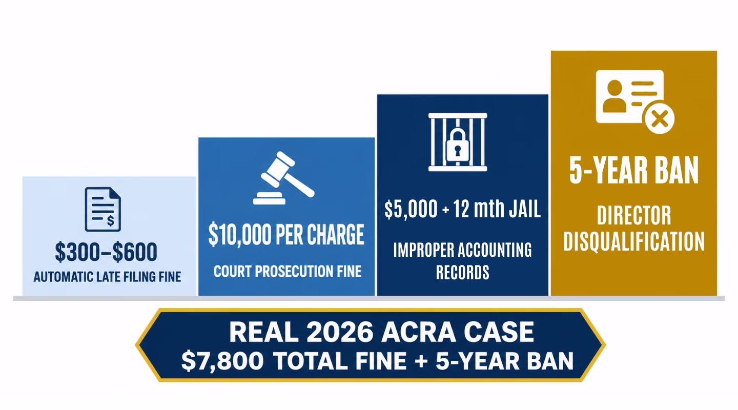 Infographic chart showing escalating ACRA penalties for messy accounting records, from automatic fines to director disqualification.